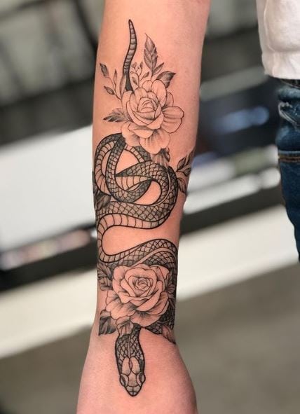 Black and Grey Roses and Snake Forearm Half Sleeve Tattoo