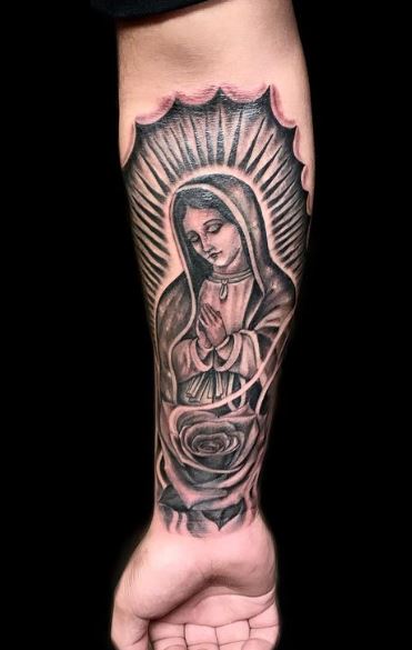 Black and Grey Rose and Virgin Mary Forearm Tattoo