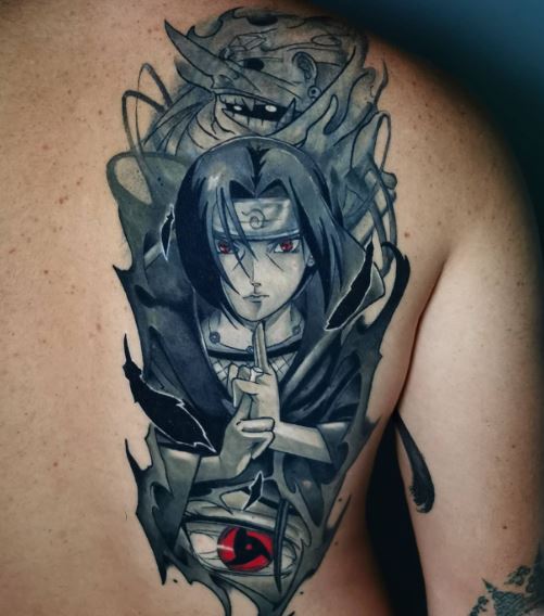 Black and Grey Itachi Susanoo Back Tattoo