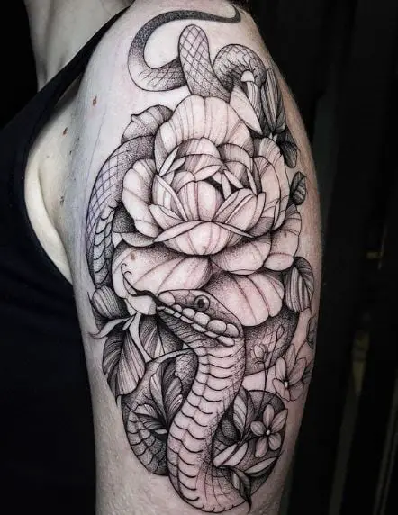 Black and Grey Flowers and Snake Arm Half Sleeve Tattoo