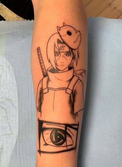 Black and Grey Itachi with Anbu Mask Forearm Tattoo