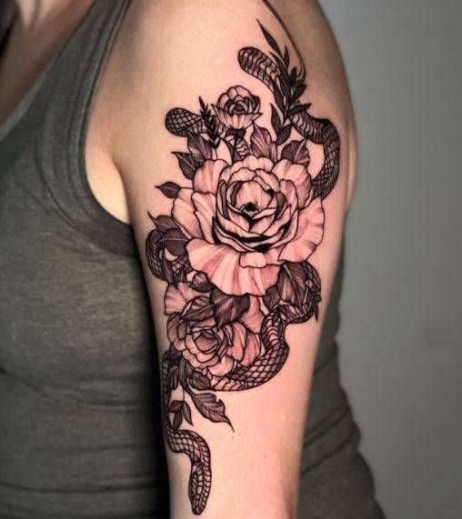 Black and Grey Roses and Snake Arm Half Sleeve Tattoo