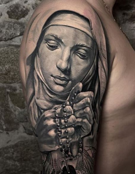 Grey Shaded Virgin Mary with Rosary Arm Tattoo