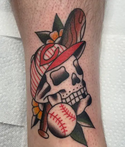 Skull with Cincinnati Reds Cap Leg Tattoo