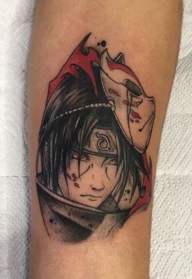 Black and Red Itachi with Anbu Mask Forearm Tattoo