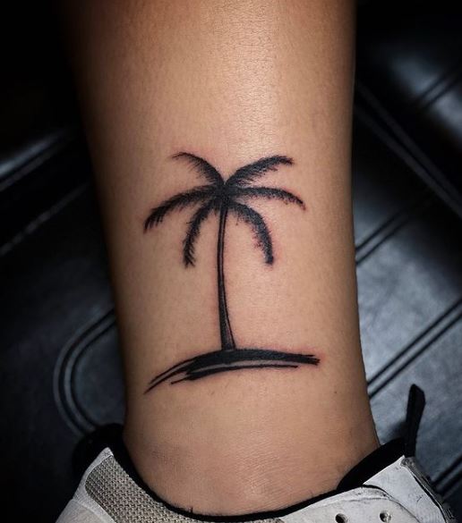 Black Palm Tree with Island Ankle Tattoo