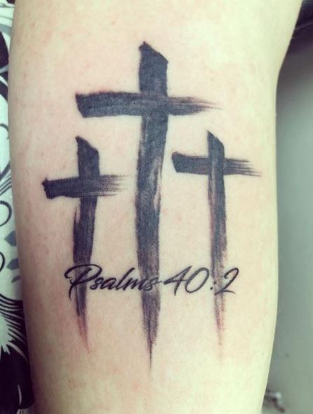 Psalm 40:2 and Three Crosses Inner Biceps Tattoo