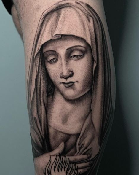 Grey Shaded Virgin Mary Thigh Tattoo