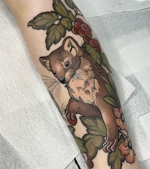 Colorful Woodland and Weasel Forearm Half Sleeve Tattoo