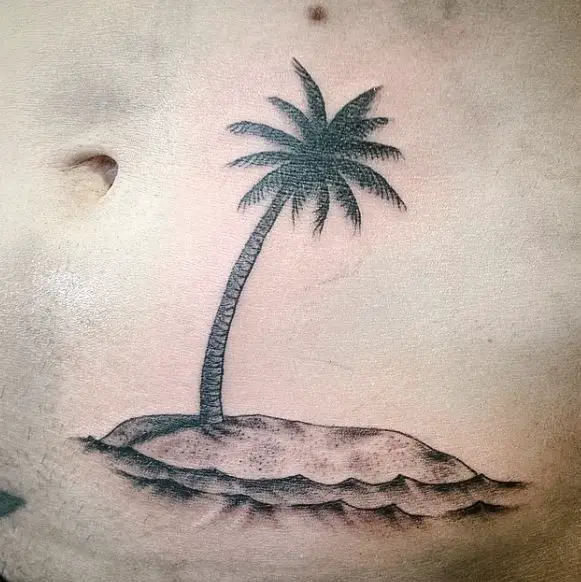 Black and Grey Palm Tree with Island Belly Tattoo