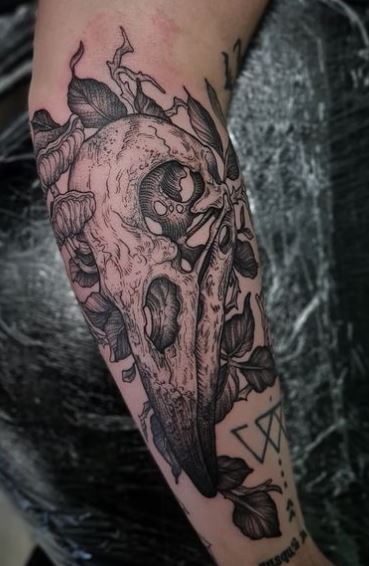 Raven Skull with Mushrooms and Leaves Forearm Sleeve Tattoo