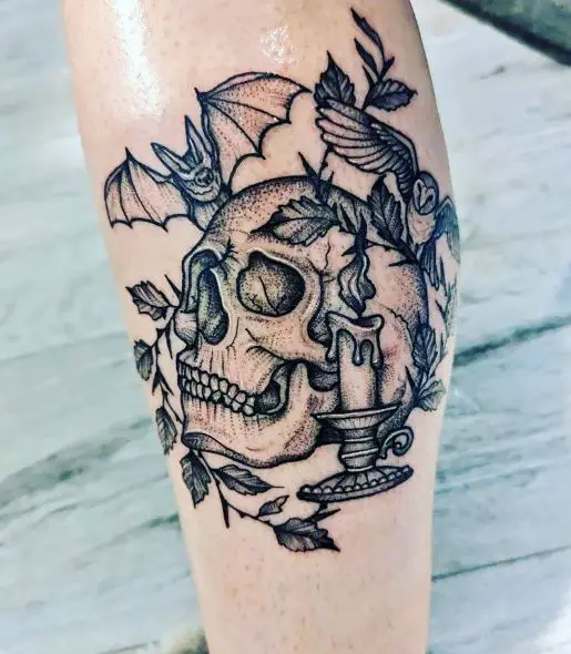 Bat, Owl and Gothic Skull with Candle Leg Tattoo