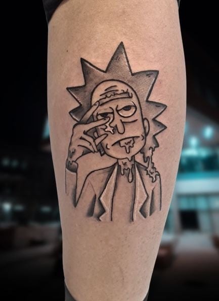 Grey Melting Rick Sanchez Leg Tattoo