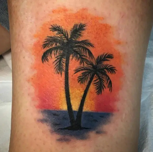 Colored Sunset and Palm Trees with Island Tattoo