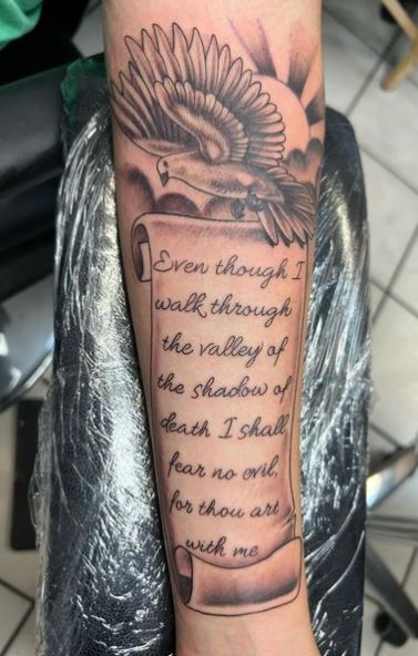Pigeon and Psalm 23:4 Bible Verse Forearm Tattoo