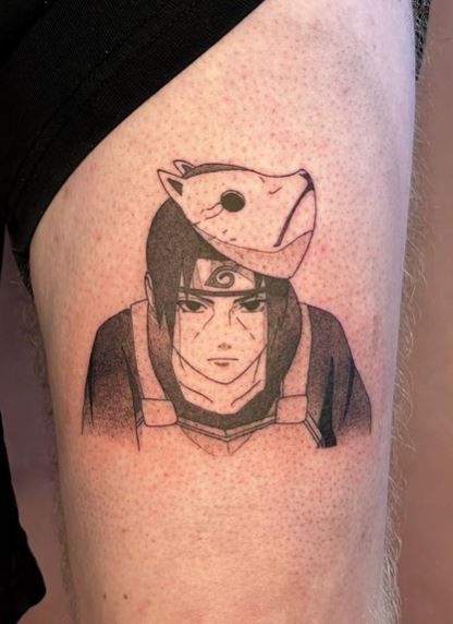 Grey Shaded Itachi with Anbu Mask Thigh Tattoo