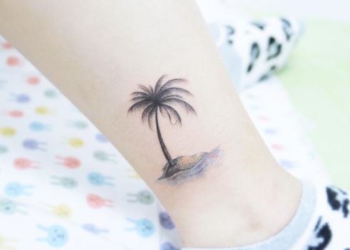 Colored Palm Tree with Island Ankle Tattoo