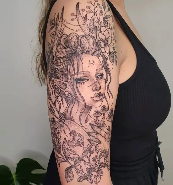 Black and Grey Woodland Fairy Arm Half Sleeve Tattoo