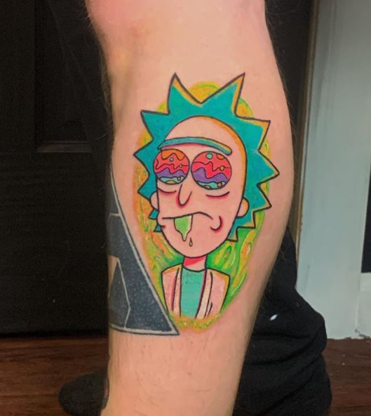 Colorful Melting Rick with Psychedelic Eyes Leg Tattoo