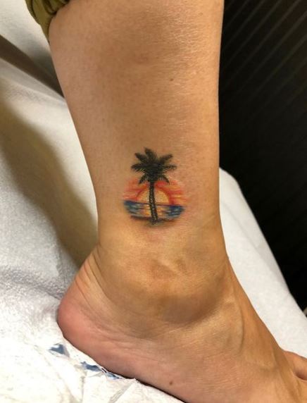 Sunset and Palm Tree with Island Ankle Tattoo