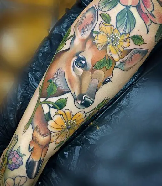 Colorful Flowers and Fawn Leg Half Sleeve Tattoo