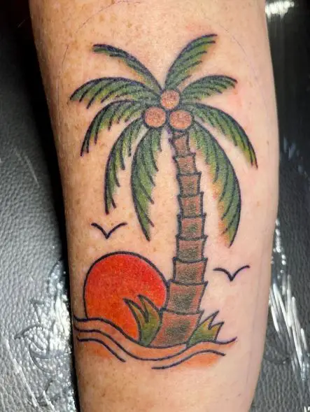 Colorful Sun, Birds and Palm Tree with Acorns and Island Arm Tattoo