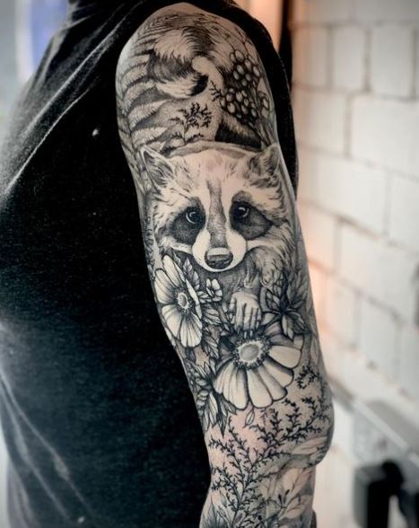 Black and Grey Woodland with Racoon Arm Half Sleeve Tattoo