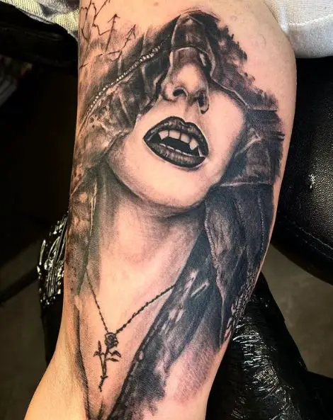 Black and Grey Gothic Lady Vampire Inner Biceps Tattoo