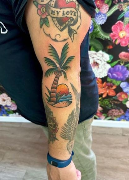 Colorful Sunand Palm Tree with Acorns and Island Arm Tattoo