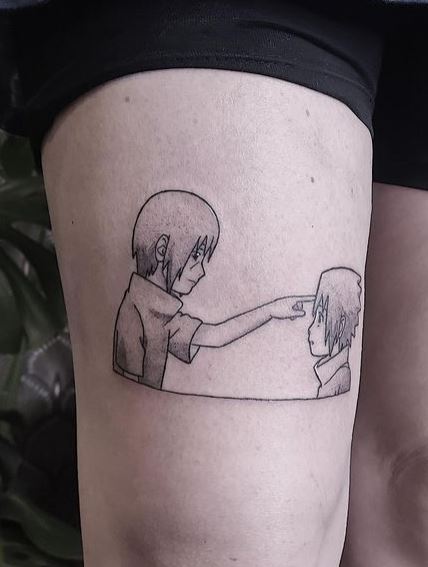 Grey Shaded Sasuke And Itachi Uchiha Thigh Tattoo