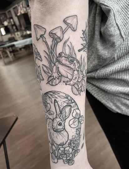 Grey Rabbit and Frog with Mushrooms Arm Half Sleeve Tattoo