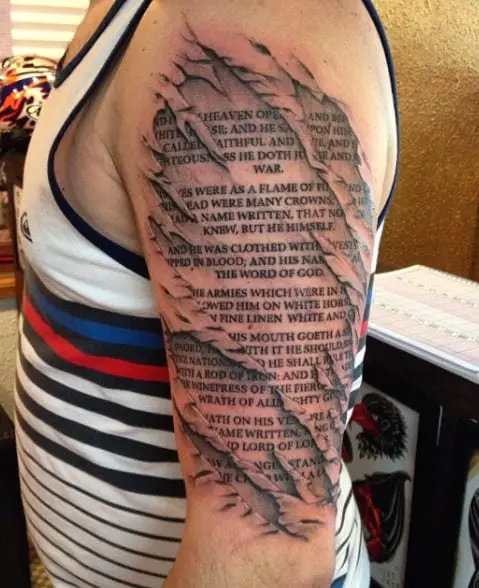 Torn Skin and Bible Verse Arm Tattoo