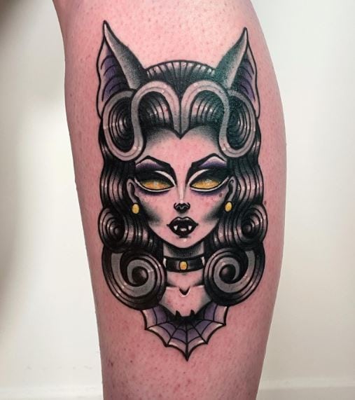 Gothic Vampire Girl with Yellow Eyes Arm Tattoo