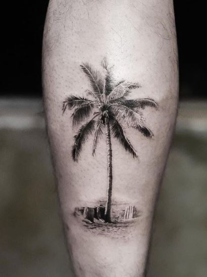 Black and White Palm Tree with Acorns and Island Leg Tattoo