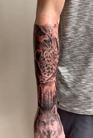 Woodland with Owl and Wolf Forearm Sleeve Tattoo