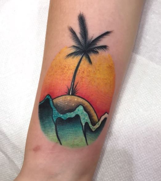 Colorful Sun and Palm Tree with Island Forearm Tattoo