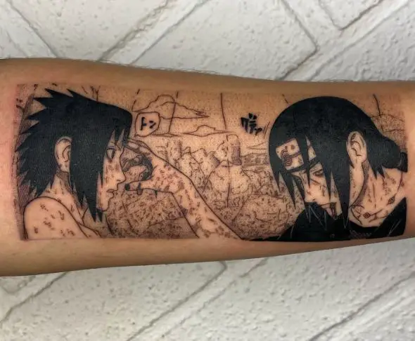 Black and Grey Sasuke And Itachi Uchiha Forearm Tattoo