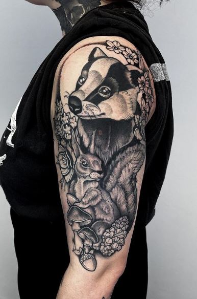 Badger and Squirrel with Mushrooms Arm Half Sleeve Tattoo