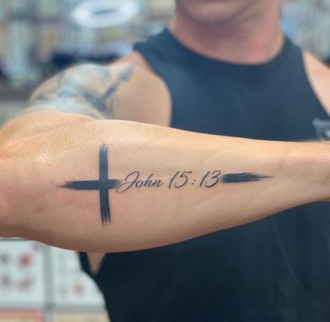 Cross and John 15:13 Bible Verse Forearm Tattoo