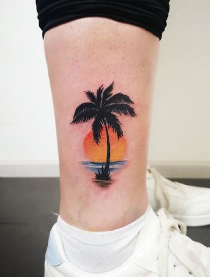 Colorful Sunset and Palm Tree Leg Tattoo