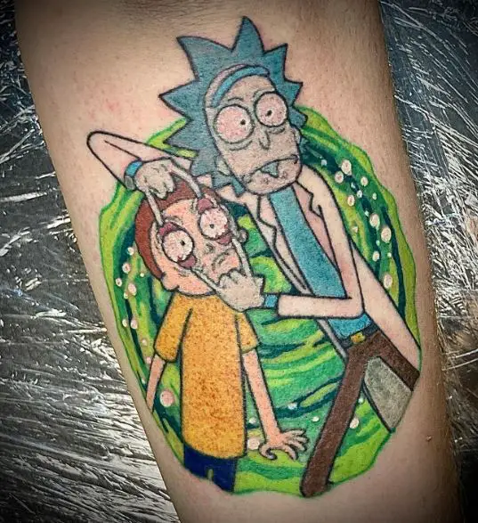 Portal and Rick Opening Morty’s Eyes Thigh Tattoo
