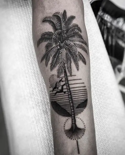 Sun, Birds and Palm Tree Arm Tattoo