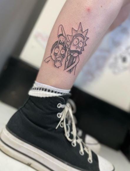 Grey Rick Opening Morty’s Eyes Leg Tattoo