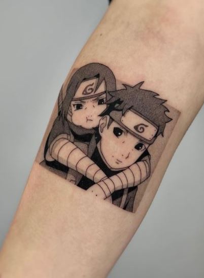 Black And Grey Shisui and Itachi Uchiha Forearm Tattoo