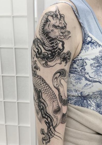 Black and Grey Tiger Dragon Arm Half Sleeve Tattoo