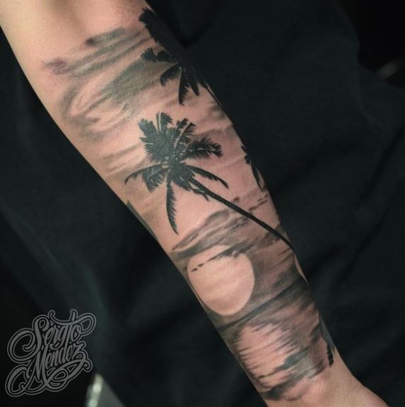 Sun, Clouds and Palm Tree Forearm Tattoo