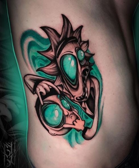 Psychedelic Rick Opening Morty’s Eyes Ribs Tattoo
