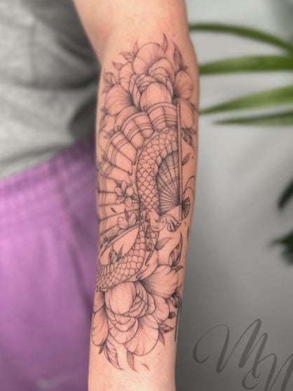 Peonies and Dragon Forearm Half Sleeve Tattoo