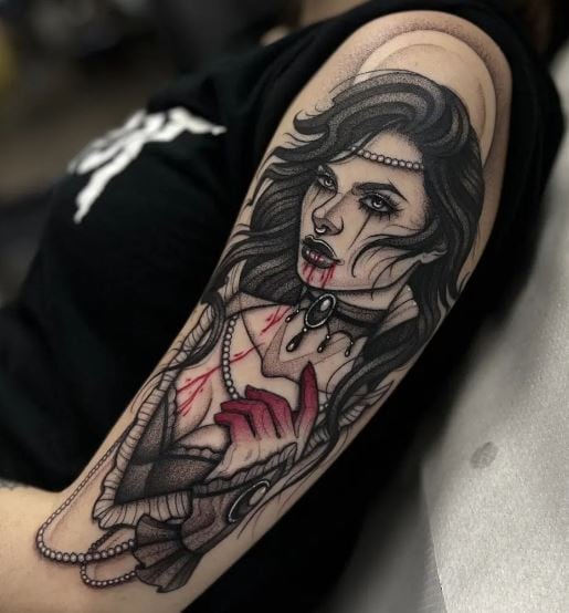 Gothic Vampire Girl with Blood on Lips Arm Tattoo