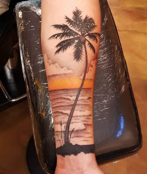 Ocean, Clouds and Palm Tree Forearm Tattoo